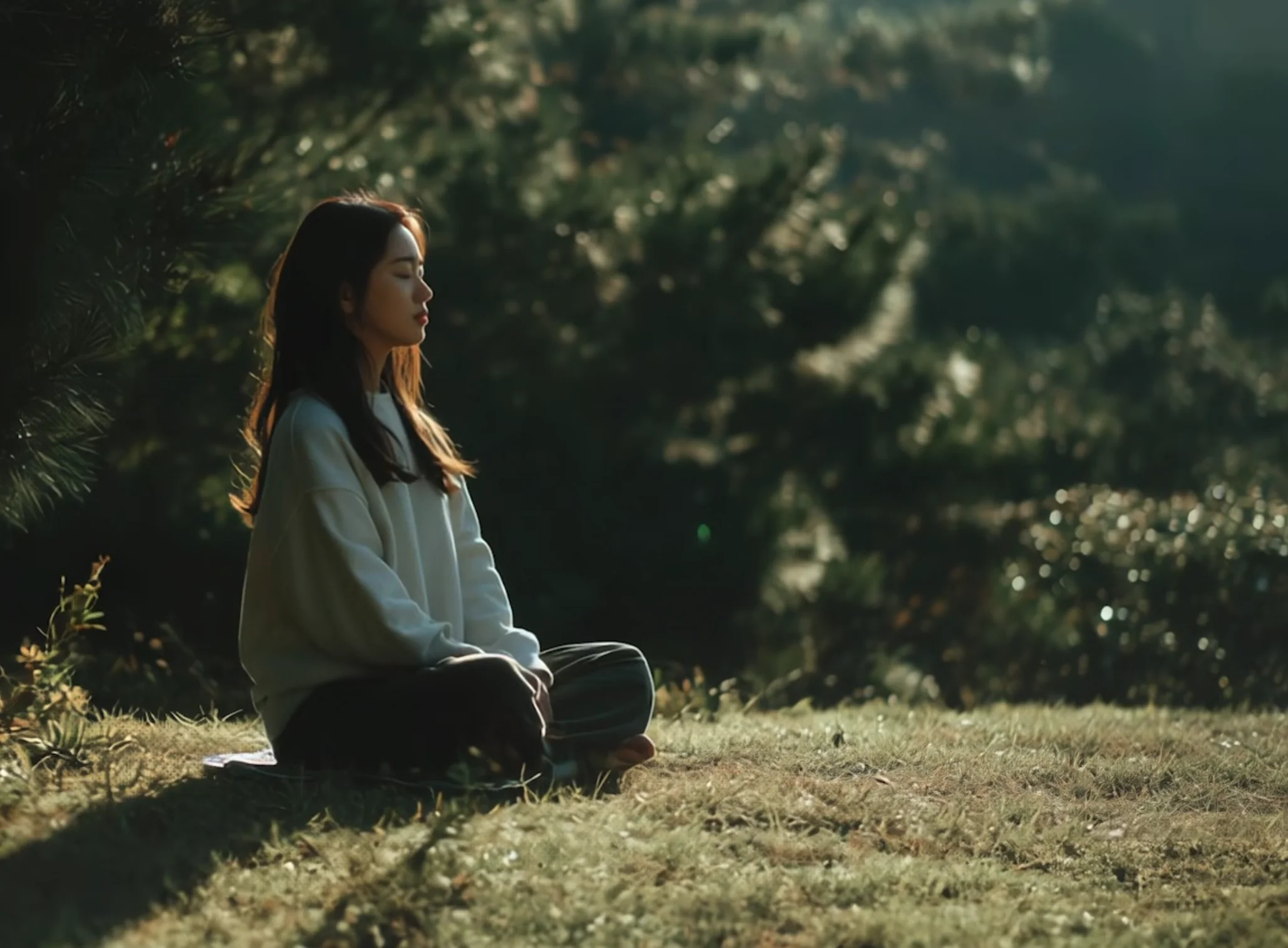 A woman meditating peacefully outdoors at Toronto Meditation
